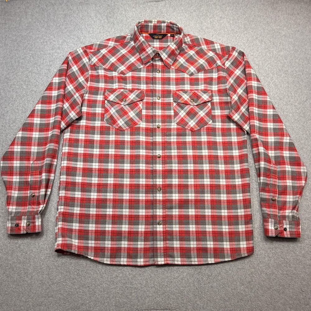 Orvis Trout Bum Shirt Mens Large Red Plaid Long Sleeve Pearl Snap Flannel Fish